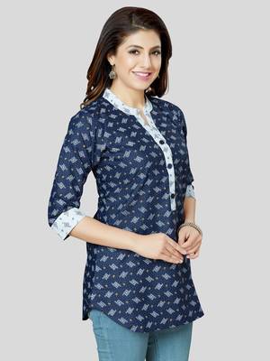 Blue printed cotton poly short-kurtis 4