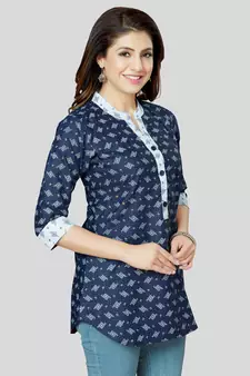 Blue printed cotton poly short-kurtis