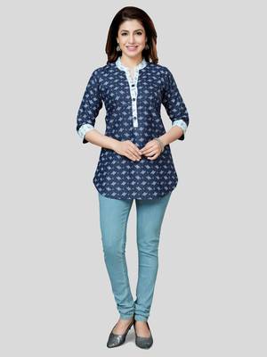 Blue printed cotton poly short-kurtis 5