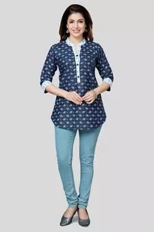 Blue printed cotton poly short-kurtis