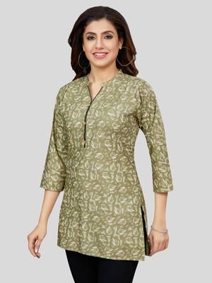 Green printed rayon short-kurtis 3