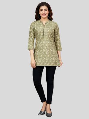 Green printed rayon short-kurtis 5