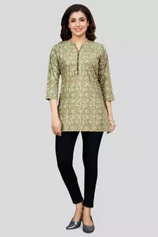 Green printed rayon short-kurtis