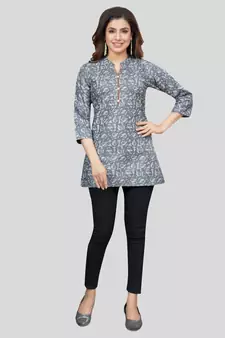 Grey printed rayon short-kurtis