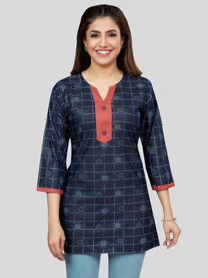 Navy-blue printed rayon short-kurtis 1