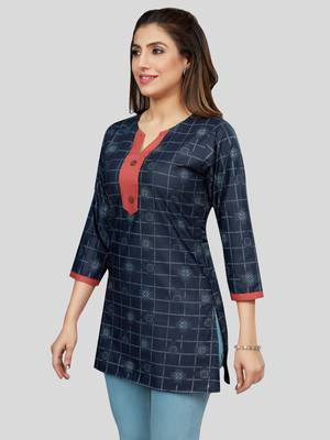 Navy-blue printed rayon short-kurtis 3