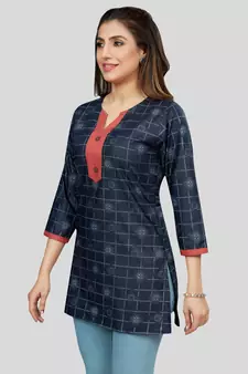 Navy-blue printed rayon short-kurtis