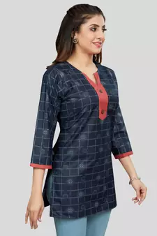 Navy-blue printed rayon short-kurtis