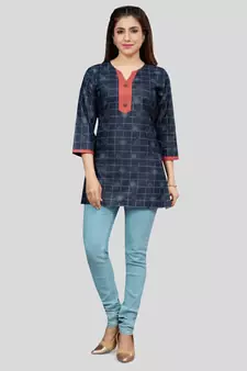 Navy-blue printed rayon short-kurtis