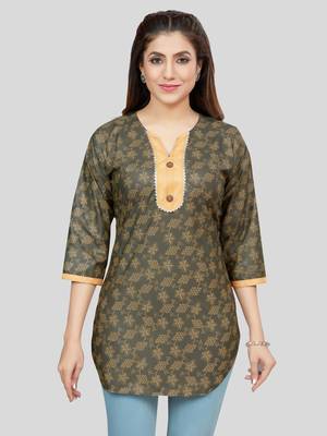 Green printed rayon short-kurtis 1
