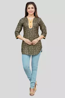 Green printed rayon short-kurtis