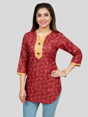 Red printed rayon short-kurtis 3