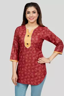 Red printed rayon short-kurtis