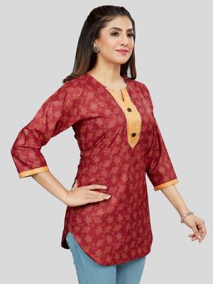 Red printed rayon short-kurtis 4
