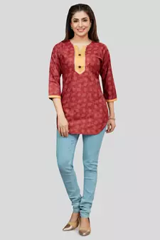 Red printed rayon short-kurtis