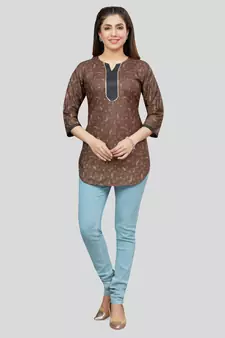 Coffee printed rayon short-kurtis
