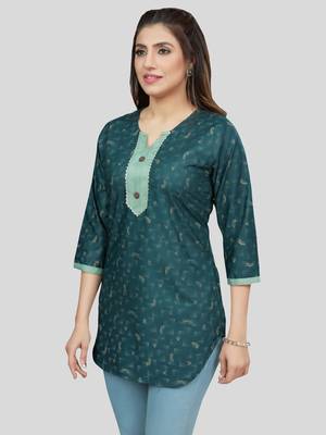 Green printed rayon short-kurtis 3