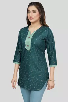 Green printed rayon short-kurtis