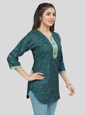 Green printed rayon short-kurtis 4