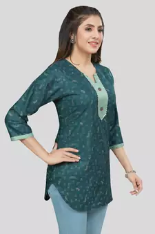 Green printed rayon short-kurtis