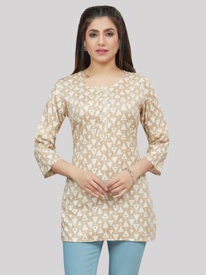 Beige printed rayon short-kurtis 1