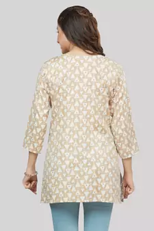 Beige printed rayon short-kurtis
