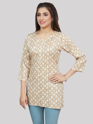 Beige printed rayon short-kurtis 3