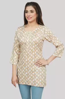Beige printed rayon short-kurtis