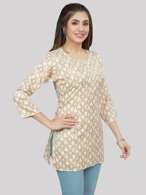 Beige printed rayon short-kurtis 4