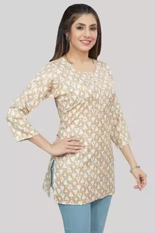 Beige printed rayon short-kurtis