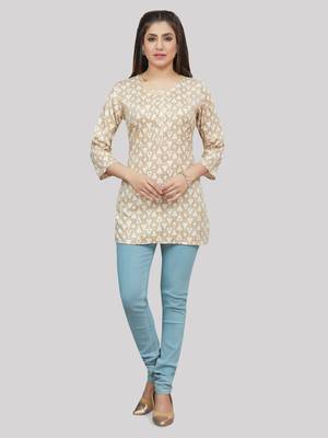 Beige printed rayon short-kurtis 5