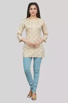 Beige printed rayon short-kurtis