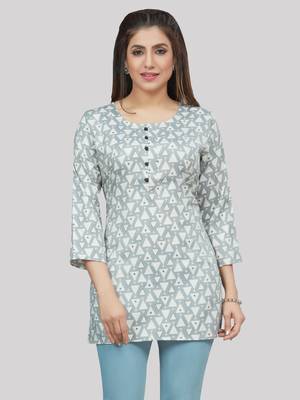 Grey printed rayon short-kurtis 1