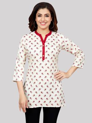 Cream printed rayon short-kurtis 1