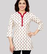 Cream printed rayon short-kurtis