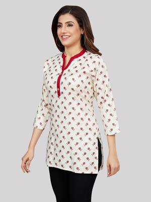 Cream printed rayon short-kurtis 3