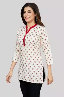 Cream printed rayon short-kurtis