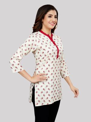 Cream printed rayon short-kurtis 4
