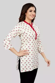 Cream printed rayon short-kurtis