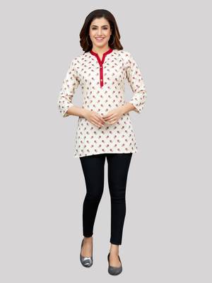 Cream printed rayon short-kurtis 5