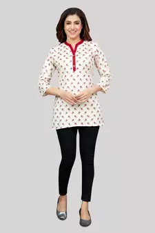 Cream printed rayon short-kurtis
