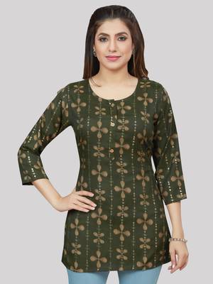 Green printed rayon short-kurtis 1