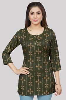 Green printed rayon short-kurtis