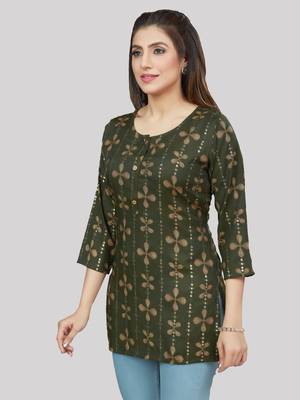 Green printed rayon short-kurtis 3