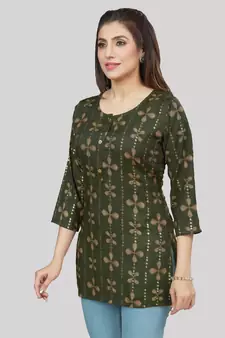 Green printed rayon short-kurtis
