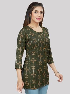 Green printed rayon short-kurtis 4