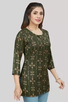 Green printed rayon short-kurtis