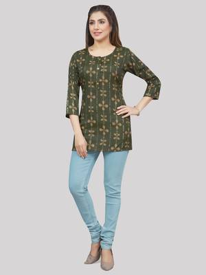 Green printed rayon short-kurtis 5