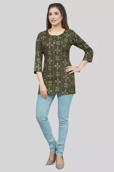 Green printed rayon short-kurtis