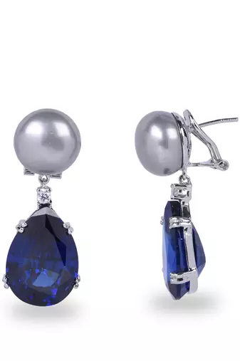 Blue Grey Cultured Pearl Top With Pear Blue Sapphire Drop